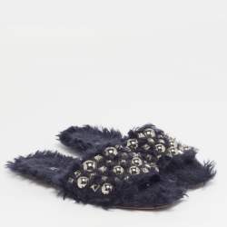 Pre Owned Miu Miu Size 40 Navy Blue Faux Fur Embellished Flat Slide Sandals