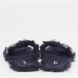 Pre Owned Miu Miu Size 40 Navy Blue Faux Fur Embellished Flat Slide Sandals