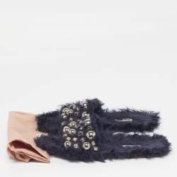 Pre Owned Miu Miu Size 40 Navy Blue Faux Fur Embellished Flat Slide Sandals