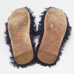 Pre Owned Miu Miu Size 40 Navy Blue Faux Fur Embellished Flat Slide Sandals
