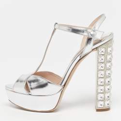 Pre Owned Miu Miu Size 37 Silver Leather Platform Crystal Embellished Heel Sandals