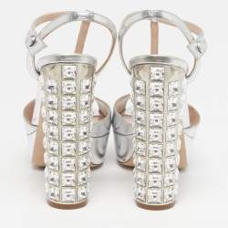 Pre Owned صندل ميو ميو جلد محبب يشبه السحلية أسود مزخرف بالكريستال بحزام للكاحل مقاس 39