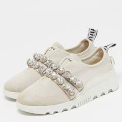 مملوكة مسبقًا Miu Miu Size 36 Cream Knit Fabric Crystal Embellished Slip On Sneakers