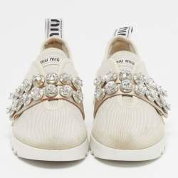 مملوكة مسبقًا Miu Miu Size 36 Cream Knit Fabric Crystal Embellished Slip On Sneakers