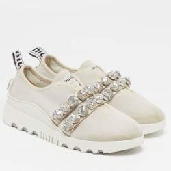مملوكة مسبقًا Miu Miu Size 36 Cream Knit Fabric Crystal Embellished Slip On Sneakers
