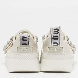 مملوكة مسبقًا Miu Miu Size 36 Cream Knit Fabric Crystal Embellished Slip On Sneakers