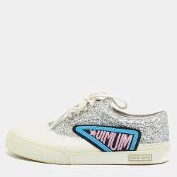 Pre Owned Miu Miu Patch Size 38.5 White/Silver Glitter and Leather Low Top Sneakers