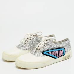 مملوكة مسبقًا Miu Miu Patch Size 38.5 White/Silver Glitter and Leather Low Top Sneakers
