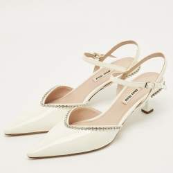 Pre Owned Miu Miu Size 39 White Patent Leather Crystal Embellished Ankle Strap Pumps