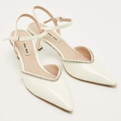 Pre Owned Miu Miu Size 39 White Patent Leather Crystal Embellished Ankle Strap Pumps