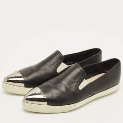 Pre Owned Miu Miu Size 38.5 Black Leather and Metal Metal Cap Toe Slip On Sneakers