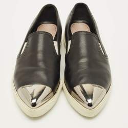 Pre Owned Miu Miu Size 38.5 Black Leather and Metal Metal Cap Toe Slip On Sneakers