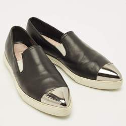 Pre Owned Miu Miu Size 38.5 Black Leather and Metal Metal Cap Toe Slip On Sneakers