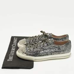 Pre Owned Miu Miu Size 39 Metallic Dark Grey Glitter Studded Cap Toe Low Top Sneakers