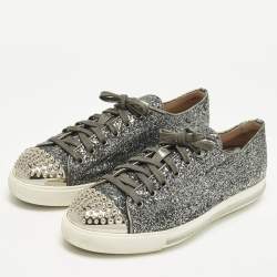 Pre Owned Miu Miu Size 39 Metallic Dark Grey Glitter Studded Cap Toe Low Top Sneakers