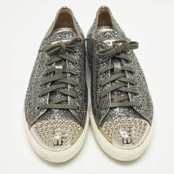 Pre Owned Miu Miu Size 39 Metallic Dark Grey Glitter Studded Cap Toe Low Top Sneakers
