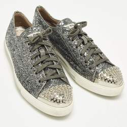 Pre Owned Miu Miu Size 39 Metallic Dark Grey Glitter Studded Cap Toe Low Top Sneakers