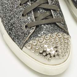 Pre Owned Miu Miu Size 39 Metallic Dark Grey Glitter Studded Cap Toe Low Top Sneakers