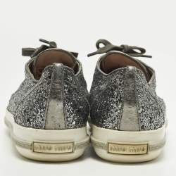 Pre Owned Miu Miu Size 39 Metallic Dark Grey Glitter Studded Cap Toe Low Top Sneakers