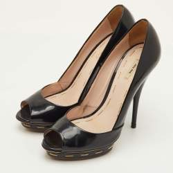Pre Owned Miu Miu Size 37 Black Patent Leather Peep Toe Pumps