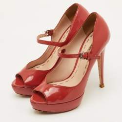 Pre Owned Miu Miu Size 37 Peach Pink Patent Leather Mary Jane Peep Toe Platform Pumps