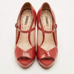 Pre Owned Miu Miu Size 37 Peach Pink Patent Leather Mary Jane Peep Toe Platform Pumps