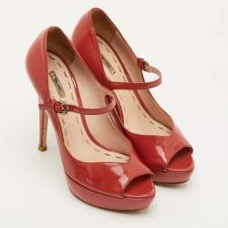 Pre Owned Miu Miu Size 37 Peach Pink Patent Leather Mary Jane Peep Toe Platform Pumps