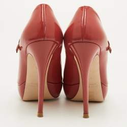 Pre Owned Miu Miu Size 37 Peach Pink Patent Leather Mary Jane Peep Toe Platform Pumps