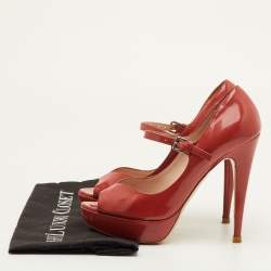Pre Owned Miu Miu Size 37 Peach Pink Patent Leather Mary Jane Peep Toe Platform Pumps