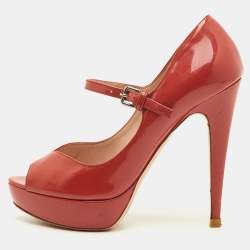 Pre Owned Miu Miu Size 37 Peach Pink Patent Leather Mary Jane Peep Toe Platform Pumps