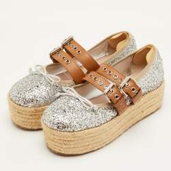 مملوكة مسبقًا حذاء باليرينا بلاتفورم ميول جلد وجليتر فضي/بني ميوميو مقاس 37