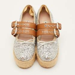 مملوكة مسبقًا حذاء باليرينا بلاتفورم ميول جلد وجليتر فضي/بني ميوميو مقاس 37