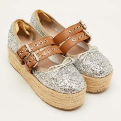 مملوكة مسبقًا حذاء باليرينا بلاتفورم ميول جلد وجليتر فضي/بني ميوميو مقاس 37