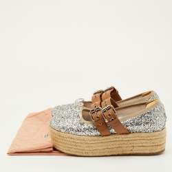مملوكة مسبقًا حذاء باليرينا بلاتفورم ميول جلد وجليتر فضي/بني ميوميو مقاس 37