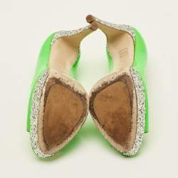 مملوكة مسبقًا حذاء كعب عالي ميو ميو نعل سميك مقدمة مفتوحة جلد أسود لامع غليتر فضي/ أسود مقاس 40