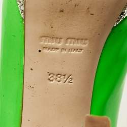 مملوكة مسبقًا حذاء كعب عالي ميو ميو نعل سميك مقدمة مفتوحة جلد أسود لامع غليتر فضي/ أسود مقاس 40