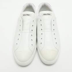 Pre Owned Miu Miu Size 40 White Glitter and Leather Slip On Sneakers