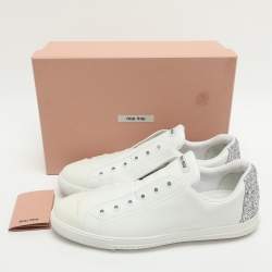 Pre Owned Miu Miu Size 40 White Glitter and Leather Slip On Sneakers