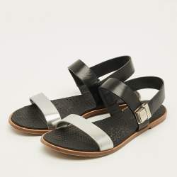 Pre Owned Miu Miu Size 39 Black/Silver Leather Slingback Flat Sandals 