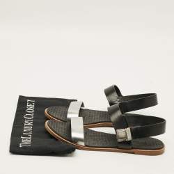 Pre Owned Miu Miu Size 39 Black/Silver Leather Slingback Flat Sandals 