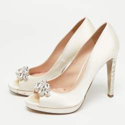 Pre Owned Miu Miu Size 39 White Satin Crystal Embellished Peep Pumps