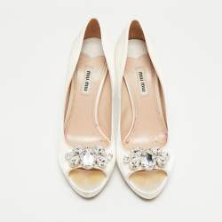 Pre Owned Miu Miu Size 39 White Satin Crystal Embellished Peep Pumps