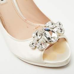 Pre Owned Miu Miu Size 39 White Satin Crystal Embellished Peep Pumps
