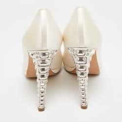 Pre Owned Miu Miu Size 39 White Satin Crystal Embellished Peep Pumps