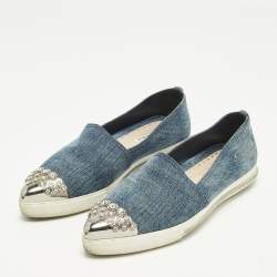Pre Owned Miu Miu Size 38.5 Blue Denim and Metal Crystal Embellished Cap Toe Slip On Sneakers