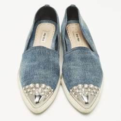 Pre Owned Miu Miu Size 38.5 Blue Denim and Metal Crystal Embellished Cap Toe Slip On Sneakers