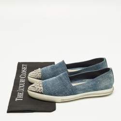 Pre Owned Miu Miu Size 38.5 Blue Denim and Metal Crystal Embellished Cap Toe Slip On Sneakers