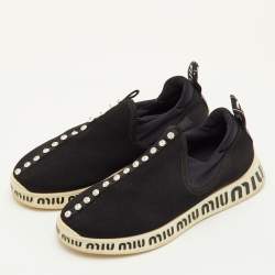 Pre Owned Miu Miu Run Size 37 Black Neoprene and Stretch Knit Crystal Embellished Slip On Sneakers