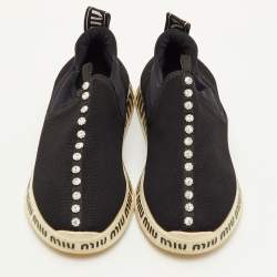 Pre Owned Miu Miu Run Size 37 Black Neoprene and Stretch Knit Crystal Embellished Slip On Sneakers