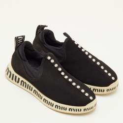 Pre Owned Miu Miu Run Size 37 Black Neoprene and Stretch Knit Crystal Embellished Slip On Sneakers